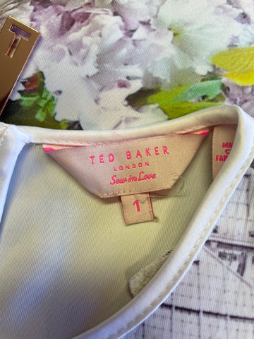 TED BAKER WHITE,PINK & LIME GREEN FLORAL PRINT PENCIL DRESS SIZE 1 UK 8/10