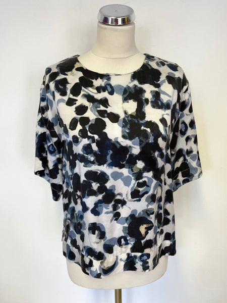 JIGSAW SILK BLACK & BLUE PATTERNED SHORT SLEEVE TOP SIZE 10
