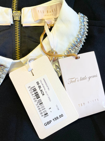 BRAND NEW TED BAKER TIMU BLACK & WHITE EMBELLISHED COLLAR LONG SLEEVE DRESS SIZE 1 UK 8/10