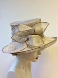 PRESEN OF BARCELONA OYSTER BEIGE BOW TRIM WIDE BRIM HAT