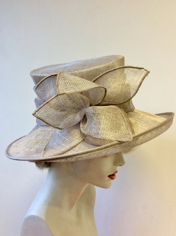 PRESEN OF BARCELONA OYSTER BEIGE BOW TRIM WIDE BRIM HAT