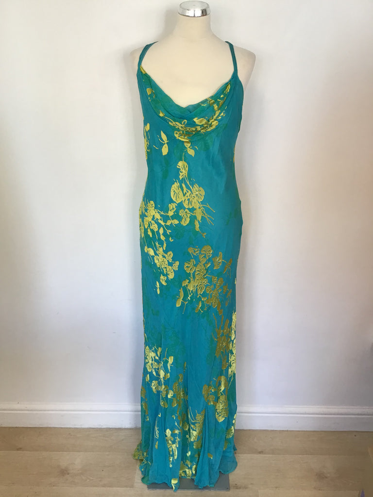 MONSOON TURQOUISE & GOLD FLORAL PRINT SILK BLEND MAXI DRESS SIZE 16 Whispers Dress Agency MONSOON TURQOUISE & GOLD FLORAL PRINT SILK BLEND MAXI DRESS SIZE 16 Whispers Dress Agency