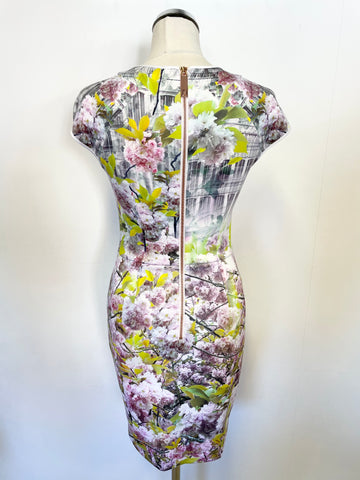 TED BAKER WHITE,PINK & LIME GREEN FLORAL PRINT PENCIL DRESS SIZE 1 UK 8/10