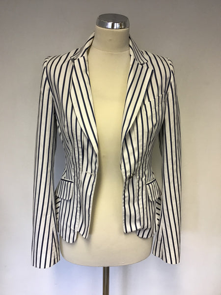 KAREN MILLEN WHITE WITH BLUE & BLACK STRIPE COTTON BLEND JACKET SIZE 8