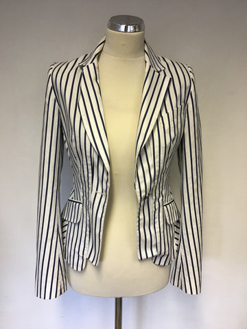 KAREN MILLEN WHITE WITH BLUE & BLACK STRIPE COTTON BLEND JACKET SIZE 8