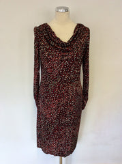 GHOST BLACK,RED,WHITE & BEIGE PRINT COWL NECKLINE LONG SLEEVE DRESS SIZE 14