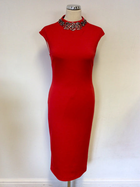 BRAND NEW TED BAKER RED HIGH NECK EMBELLISHED DRESS SIZE 2 UK 10
