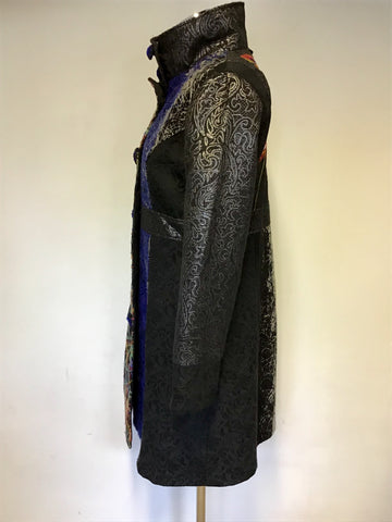 101 IDEES BLACK & MULTI COLOURED DESIGN KNEE LENGTH COAT SIZE L