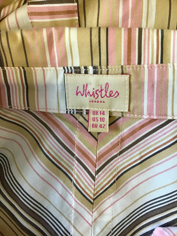 WHISTLES PINK,WHITE & BROWN STRIPE TIE WAIST SHIRT DRESS SIZE 14
