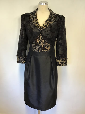 MICHEL AMBERS BLACK & GOLD JACQUARD FLORAL PRINT DRESS & BOLERO JACKET SIZE 12