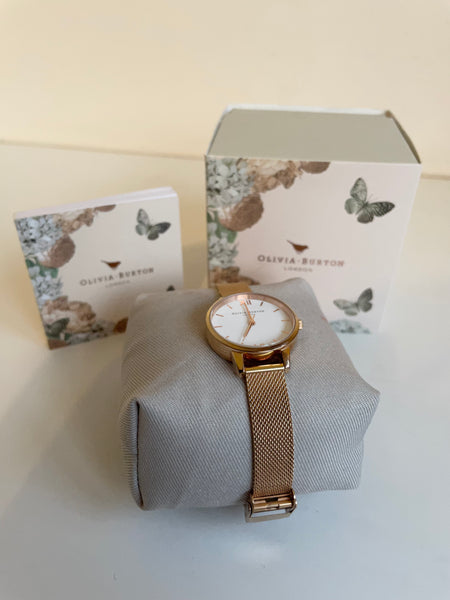 OLIVIA BURTON ROSE GOLD WHITE DIALMESH STRAP WATCH