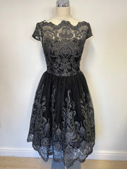 BRAND NEW CHI CHI LONDON BLACK & SILVER LACE OVERLAY FIT & FLARE SPECIAL OCCASION DRESS SIZE 8