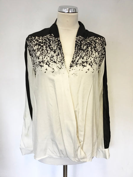 BY SECOND FEMALE CREAM & BLACK PRINT SILK  LONG SLEEVE BLOUSE SIZE L