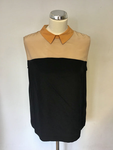 HOBBS BLACK & APRICOT SILK COLLARED SLEEVELESS TOP SIZE 12