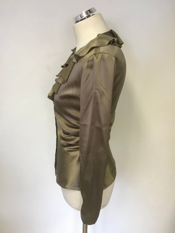 ARMANI COLLEZIONI BRONZE SILK RUCHED & FRILL V NECKLINE FITTED BLOUSE SIZE 42 UK 12