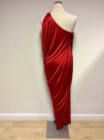 DONNA KARAN RED ONE SHOULDER DRAPED LONG EVENING DRESS SIZE P UK 8/10