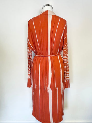 NICOLE FARHI ORANGE & CREAM PRINT STRETCH JERSEY LONG SLEEVE TIE WAIST DRESS SIZE M
