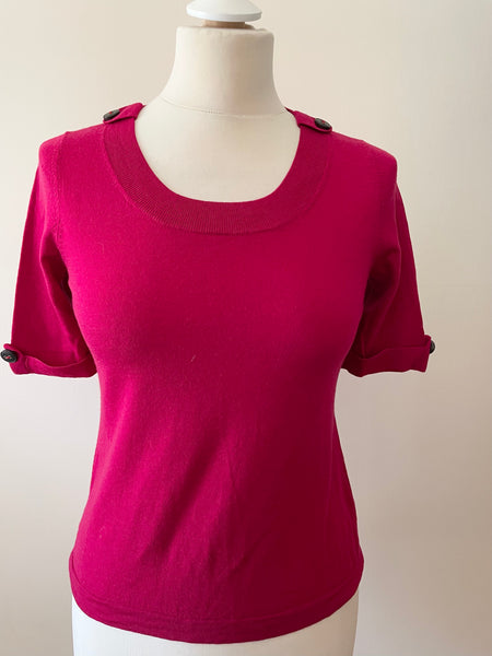 JAEGER CHERRY RED FINE KNIT MERINO WOOL SHORT SLEEVE TOP SIZE 10