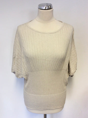 JIGSAW BEIGE FINE KNIT RIBBED SHORT SLEEVE JUMPER SIZE S