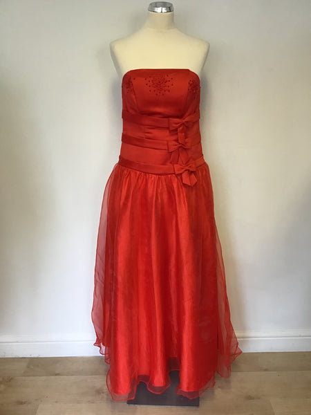 BRAND NEW UNBRANDED RED STRAPLESS EMBROIDERED & BOW TRIM FULL SKIRT BALLGOWN SIZE 14