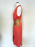 ROBERTO CAVALLI CLASS CORAL & FLORAL PRINT SATIN SASH WAIST SLEEVELESS DRESS SIZE 42 UK 10