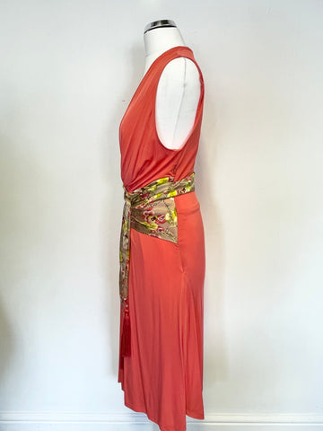 ROBERTO CAVALLI CLASS CORAL & FLORAL PRINT SATIN SASH WAIST SLEEVELESS DRESS SIZE 42 UK 10