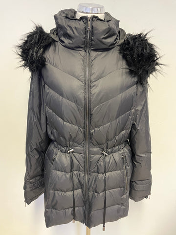 MINT VELVET BLACK DETACHABLE FUR TRIMMED HOODED PADDED JACKET SIZE 16