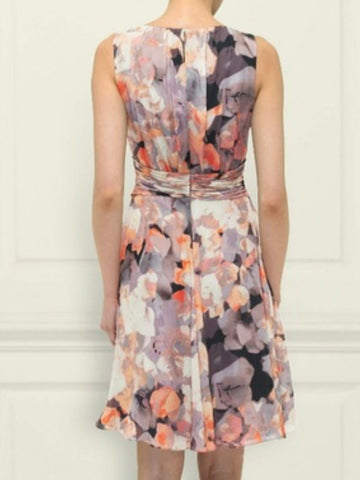 LK BENNETT CARLY GREY,CORAL & MULTI COLOURED PRINT SILK FIT & FLARE SPECIAL OCCASION DRESS SIZE 12