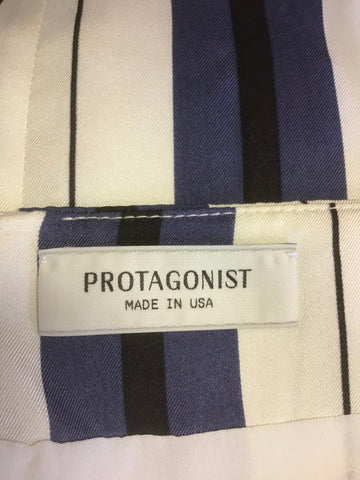 PROTAGONIST IVORY,BLUE & BLACK STRIPE 100% SILK MIDI SKIRT SIZE 6 UK 10