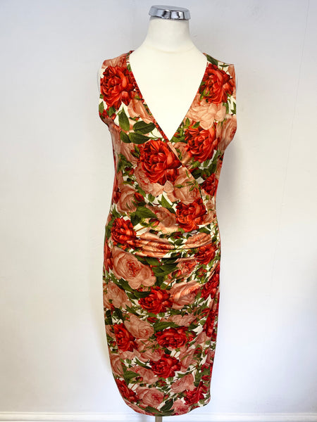 ISABEL DE PEDRO RED & PINK ROSE PRINT SLEEVELESS STRETCH PENCIL DRESS SIZE 12