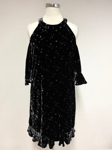 WHISTLES BLACK VELVET STAR PRINT OPEN SHOULDER SHIFT DRESS SIZE 8