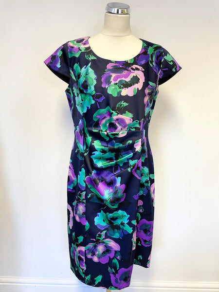 PRECIS NAVY,GREEN & PURPLE FLORAL PRINT CAP SLEEVE PENCIL DRESS SIZE 14