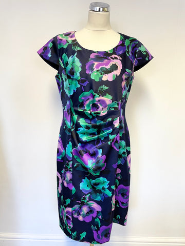 PRECIS NAVY,GREEN & PURPLE FLORAL PRINT CAP SLEEVE PENCIL DRESS SIZE 14