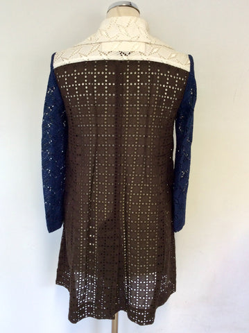 LOUIS VUITTON 2013 WHITE,NAVY BLUE & BROWN BROIDERY ANGLAISE LONG JACKET SIZE 36 UK 10