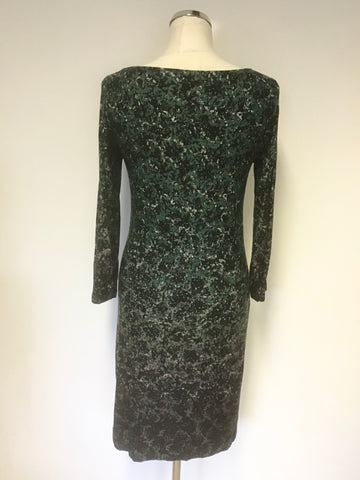 JIGSAW GREEN,BLACK & GREY PRINT STRETCH JERSEY 3/4 SLEEVE DRESS SIZE S