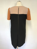 HOBBS CAMEL,BURNT ORANGE & BLACK SHORT SLEEVE SHIFT DRESS SIZE 10