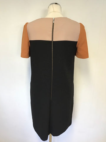 HOBBS CAMEL,BURNT ORANGE & BLACK SHORT SLEEVE SHIFT DRESS SIZE 10