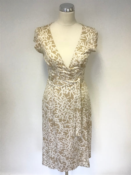 DIANE VON FURSTENBERG GOLD & IVORY PRINT SILK WRAP DRESS SIZE 6 UK 10