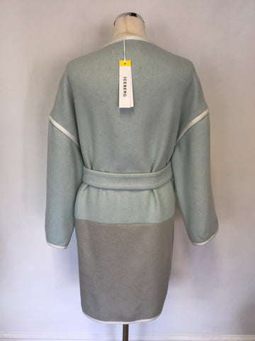 BRAND NEW ICEBERG DUCK EGG & GREY OVERSIZE WOOL BLEND TIE BELT COAT SIZE 40/ UK 12