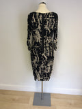 MARKS & SPENCER BLACK & BEIGE PRINT RUCHED PENCIL DRESS SIZE 14