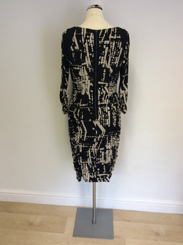 MARKS & SPENCER BLACK & BEIGE PRINT RUCHED PENCIL DRESS SIZE 14