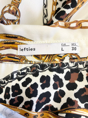 LEFTIES IVORY,BLACK & LEOPARD PRINT BELT & CHAIN PATTERNED BLOUSE SIZE L