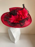 BRAND NEW ELEGANCE RED & BLACK FLOWER TRIMS WIDE BRIM FORMAL HAT
