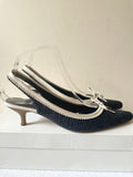 LK BENNETT NAVY BLUE TEXTILE & IVORY LEATHER TRIM SLINGBACK HEELS SIZE 6.5/39.5