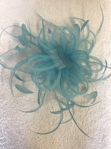TAILOR MADE TURQUOISE FLOATING FEATHERS & MESH COILS FASCINATOR