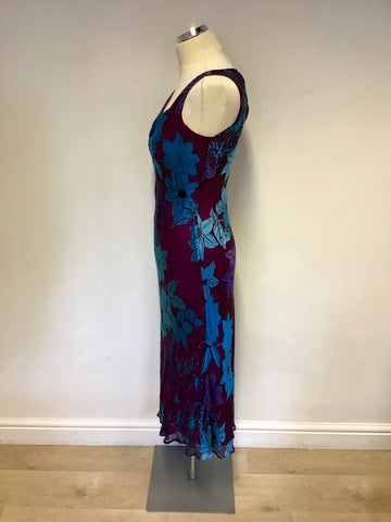 MONSOON BURGUNDY & TURQUOISE FLORAL PRINT SILK BLEND DRESS SIZE 10