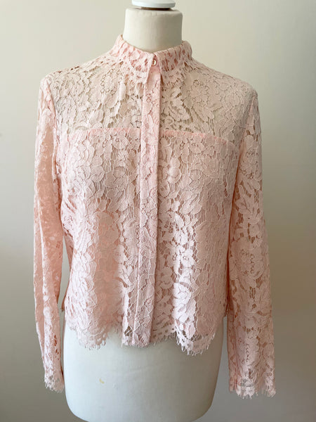 WHISTLES LIGHT PINK LACE COLLARED LONG SLEEVE BUTTON UP TOP SIZE M