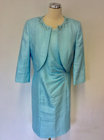 PRÉCIS AQUA BEADED NECKLINE PENCIL DRESS & BOLERO JACKET SIZE 14/16