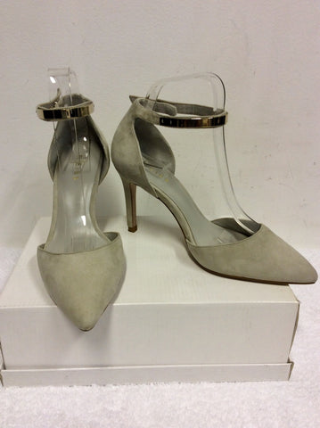BRAND NEW REISS LIGHT GREY SUEDE & GOLD METAL TRIM ANKLE STRAP HEELS SIZE 5/38