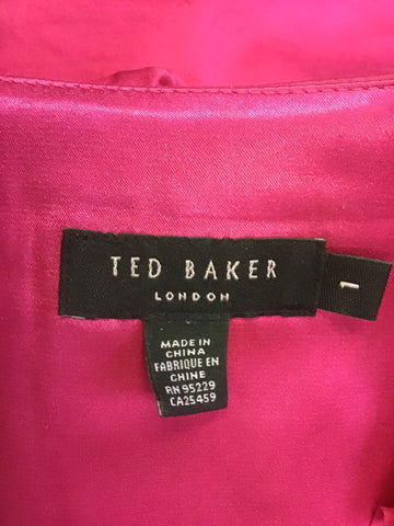 TED BAKER HOT PINK RUFFLE TRIM V NECK SLEEVELESS PENCIL DRESS SIZE 1 UK 8/10